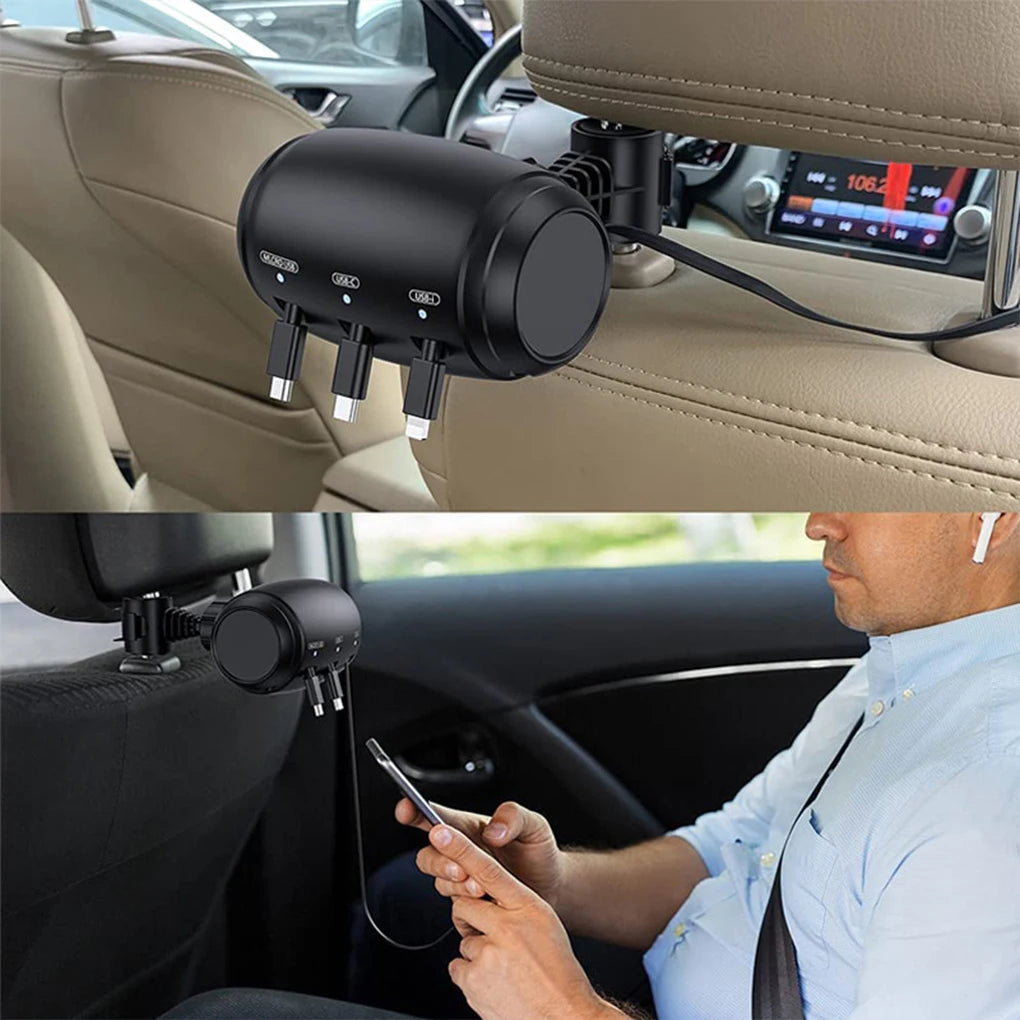 Car Headrest Backseat Retractable Cord Charger Cable 3 in 1 Fast Charging Car Charging Station Box For All Phones Tablet
