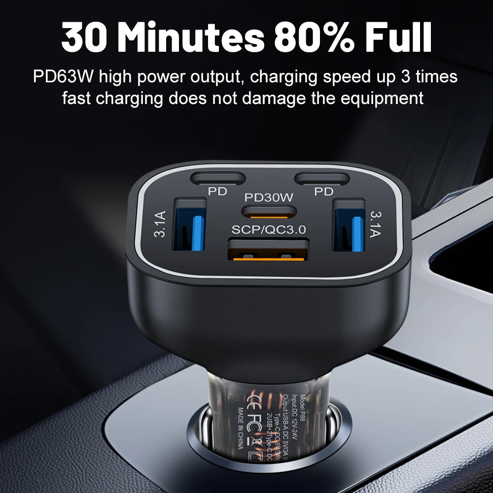 95W 6 in 1 PD Fast Charging Car Charger USB Quick Charge3.0 For iPhone 15 Samsung Xiaomi Type-C Car Phone Charger Adapter In Car