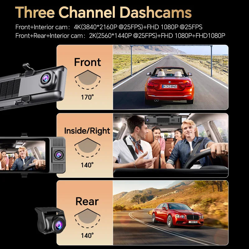 H330 Dash Cam 3 Channel Rearview Mirror Front Inside Rear 4K+1080P+1080P WiFi GPS Dual Lens Car Dvr Camera Infrared Night Vision