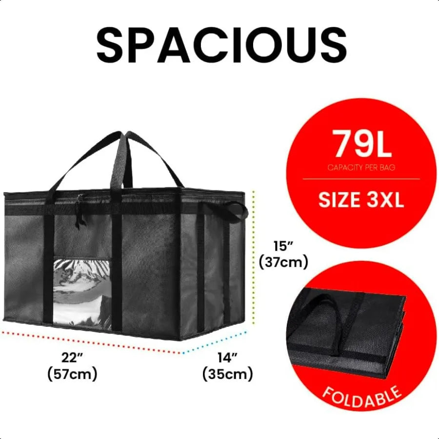 3XL Insulated Cooler Bag and Food Warmer for Delivery Grocery Shopping with Zippered Top Black 1 Pack