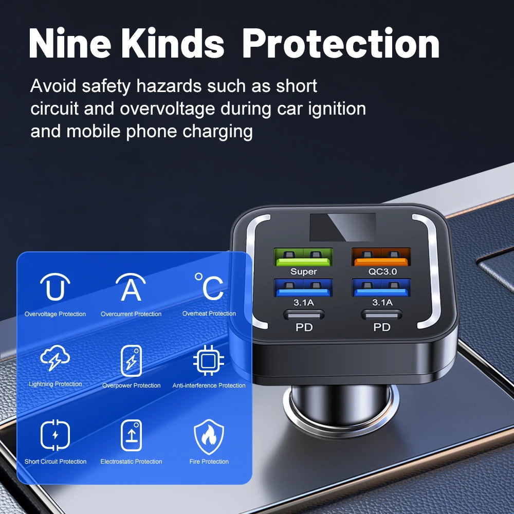 6 in 1 USB C Car Phone Charger Type C Adapter in Car For iPhone Samsung Huawei Xiaomi 6Ports Car Charger Fast Charging