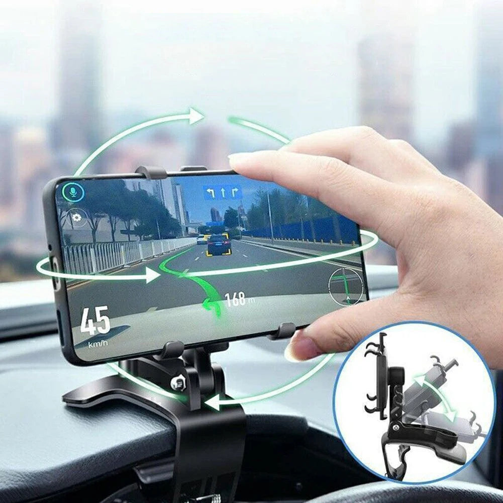 Car Mobile Phone Mount 360 Degree Rotating Rearview Mirror Navigation Bracket Dashboard Adjustable Spring Clip Cell Phone Holder