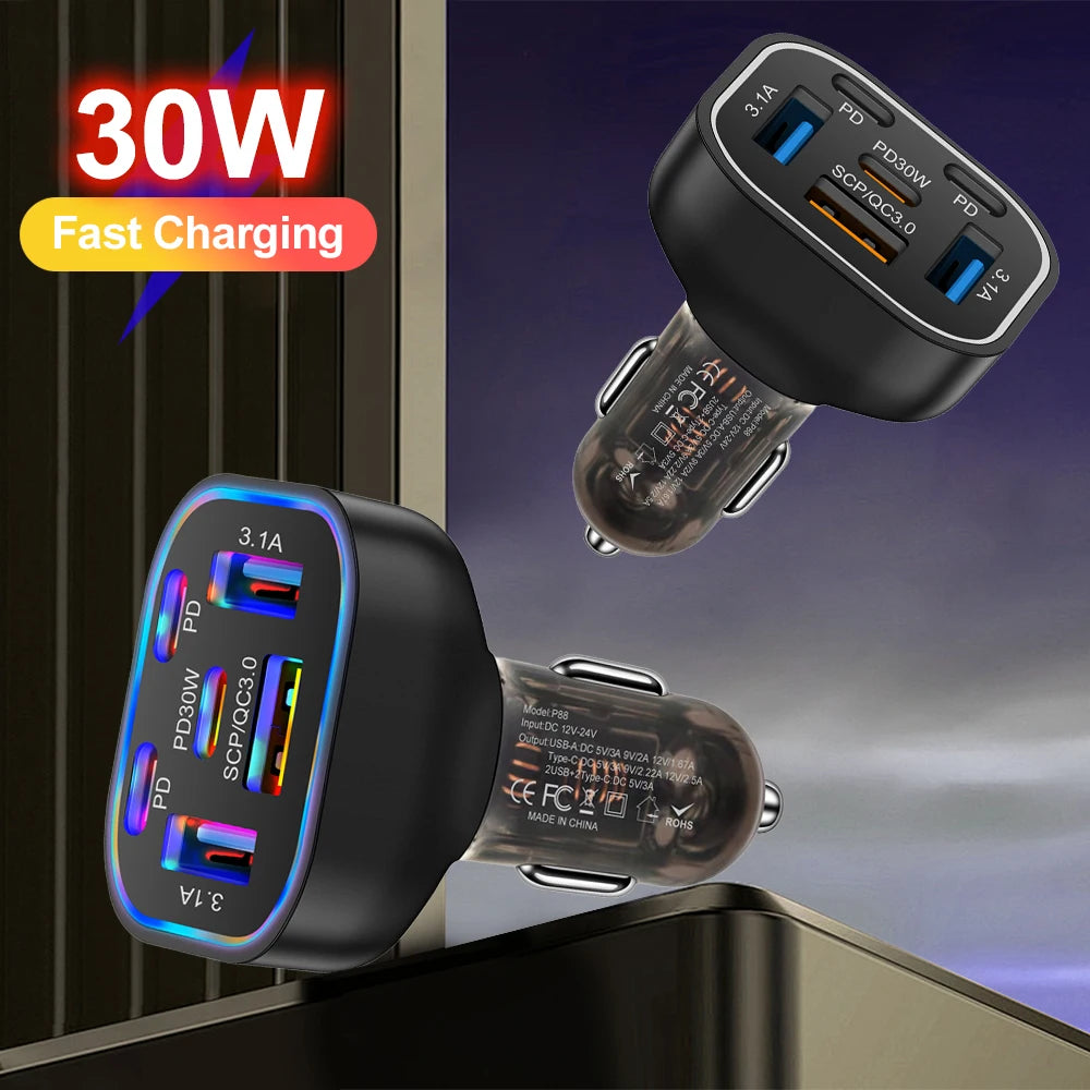 95W 6 in 1 PD Fast Charging Car Charger USB Quick Charge3.0 For iPhone 15 Samsung Xiaomi Type-C Car Phone Charger Adapter In Car
