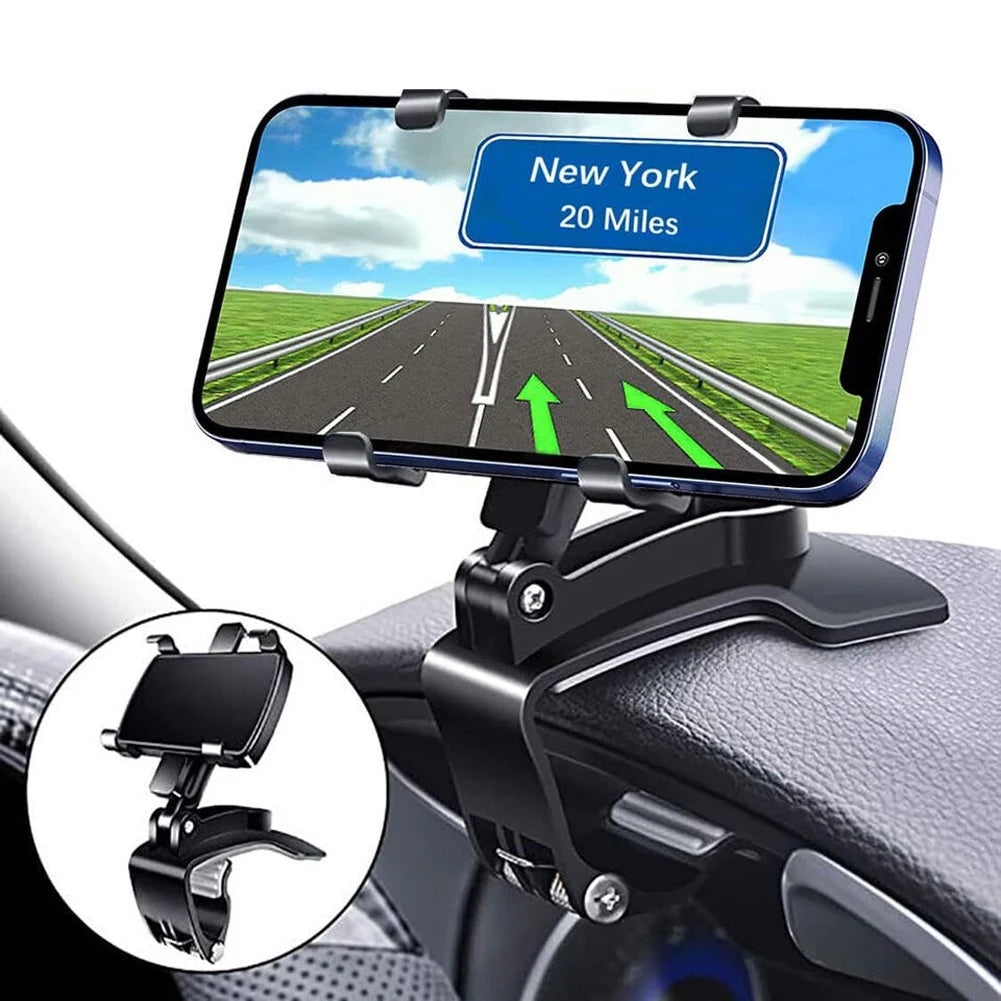 Car Mobile Phone Mount 360 Degree Rotating Rearview Mirror Navigation Bracket Dashboard Adjustable Spring Clip Cell Phone Holder