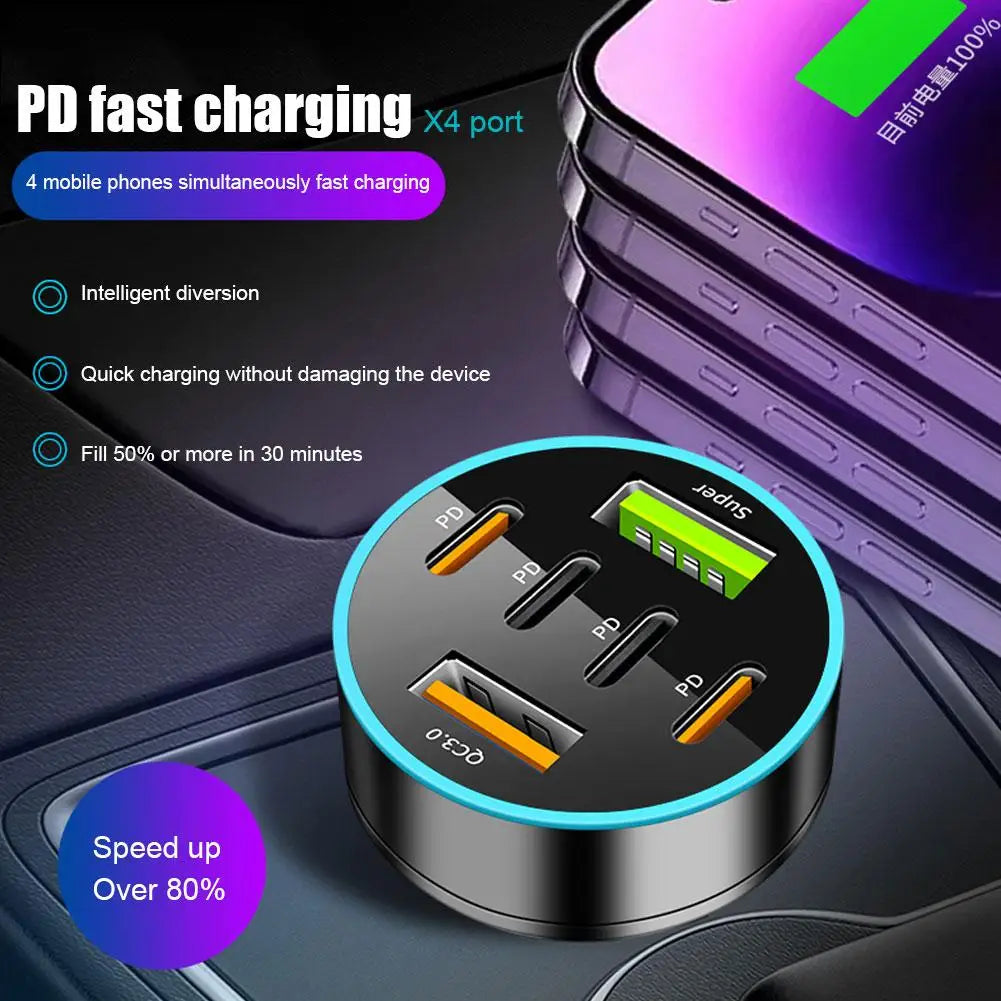 5/6/8 Port Car Charger 36W 4USB A+4Type C Fast Charging Car Mobile Phone Adapter For IPhone Cigarette Lighter Splitter P5D4