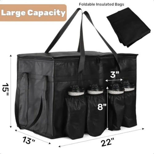 2 Pack Insulated Food Delivery Bag with 4 Cup Holder 22x13x15 Inch Warmer Carrying Case Cooler Drink Carriers with Zippered Top