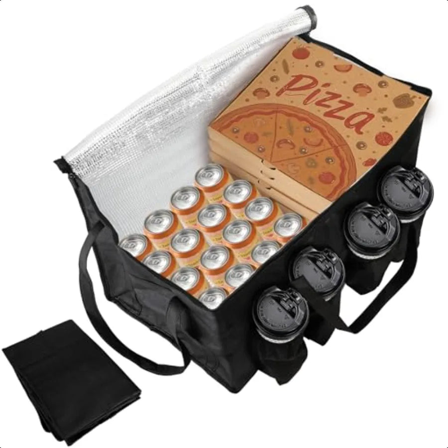 2 Pack Insulated Food Delivery Bag with 4 Cup Holder 22x13x15 Inch Warmer Carrying Case Cooler Drink Carriers with Zippered Top