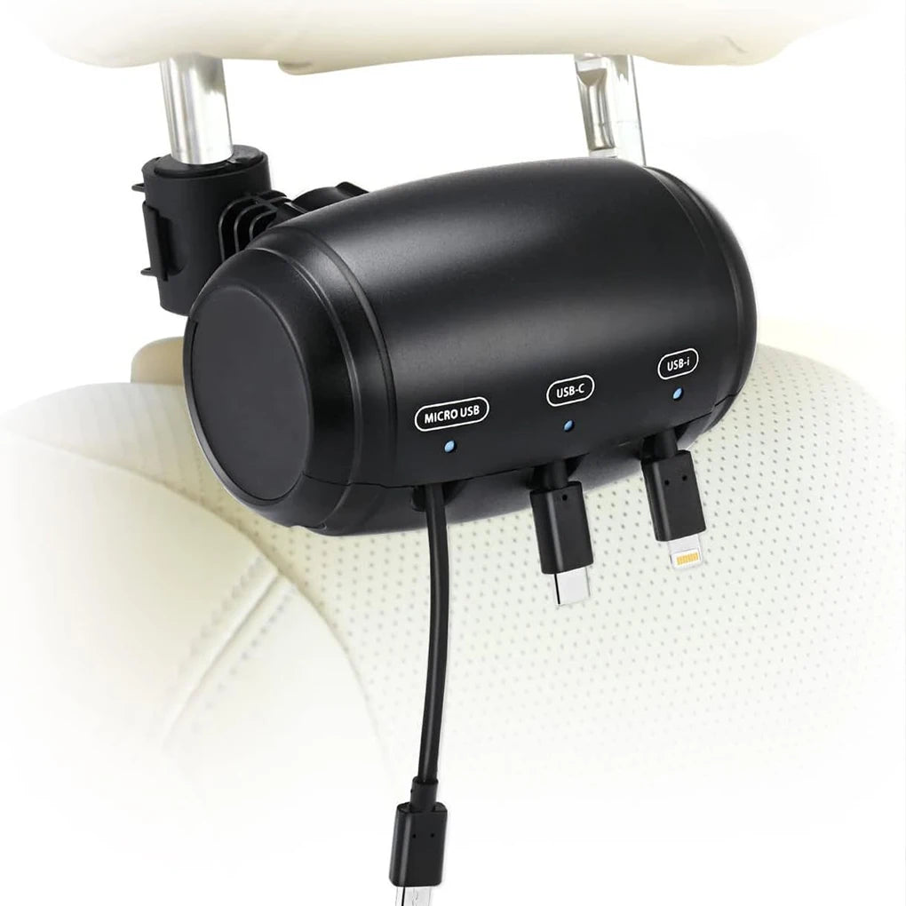 Car Headrest Backseat Retractable Cord Charger Cable 3 in 1 Fast Charging Car Charging Station Box For All Phones Tablet
