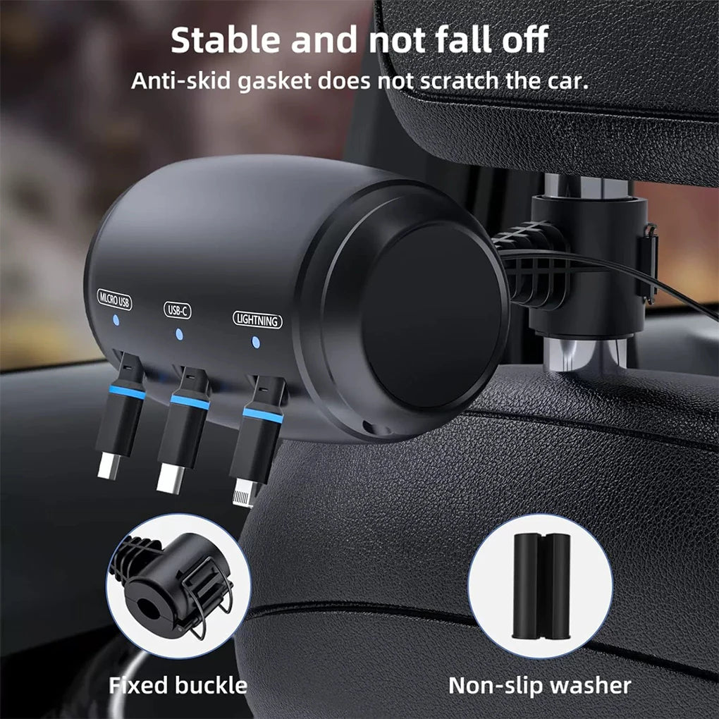 Car Headrest Backseat Retractable Cord Charger Cable 3 in 1 Fast Charging Car Charging Station Box For All Phones Tablet