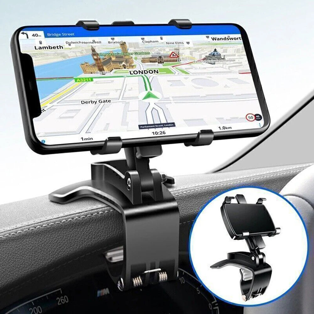 Car Mobile Phone Mount 360 Degree Rotating Rearview Mirror Navigation Bracket Dashboard Adjustable Spring Clip Cell Phone Holder