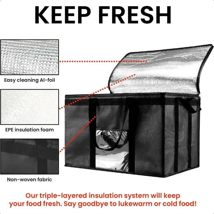 3XL Insulated Cooler Bag and Food Warmer for Delivery Grocery Shopping with Zippered Top Black 1 Pack