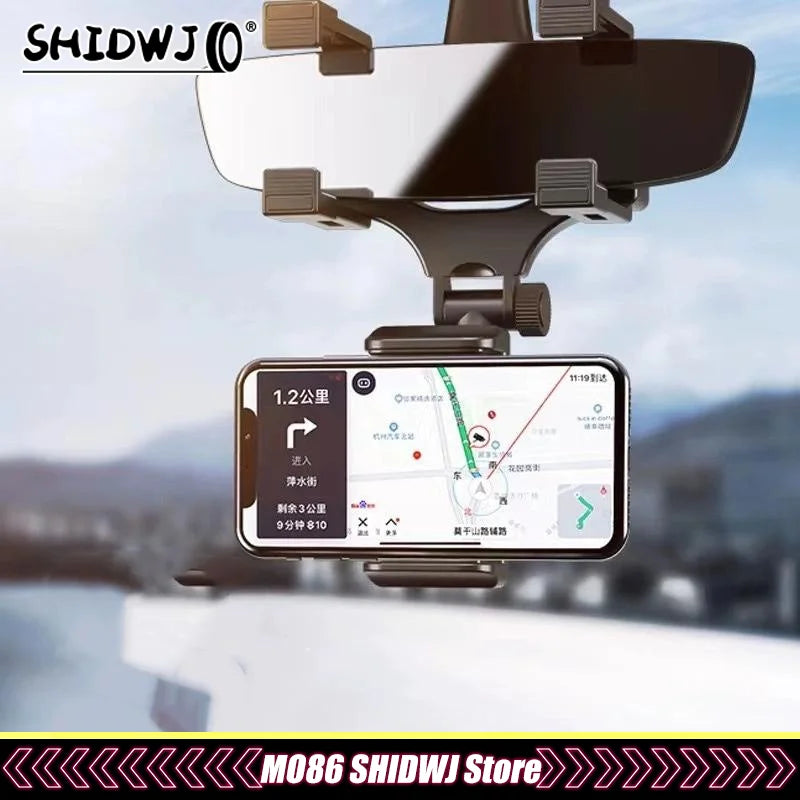 360° Car Phone Holder Rearview Mirror Mount Bracket Navigation Mobile Stand Clip Foldable Adjustable Car Cell Phone Support