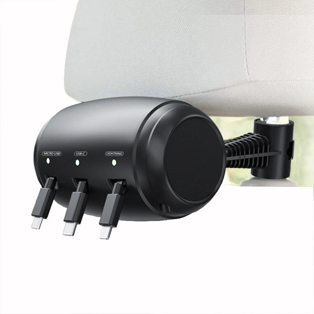 Car Headrest Backseat Retractable Cord Charger Cable 3 in 1 Fast Charging Car Charging Station Box For All Phones Tablet