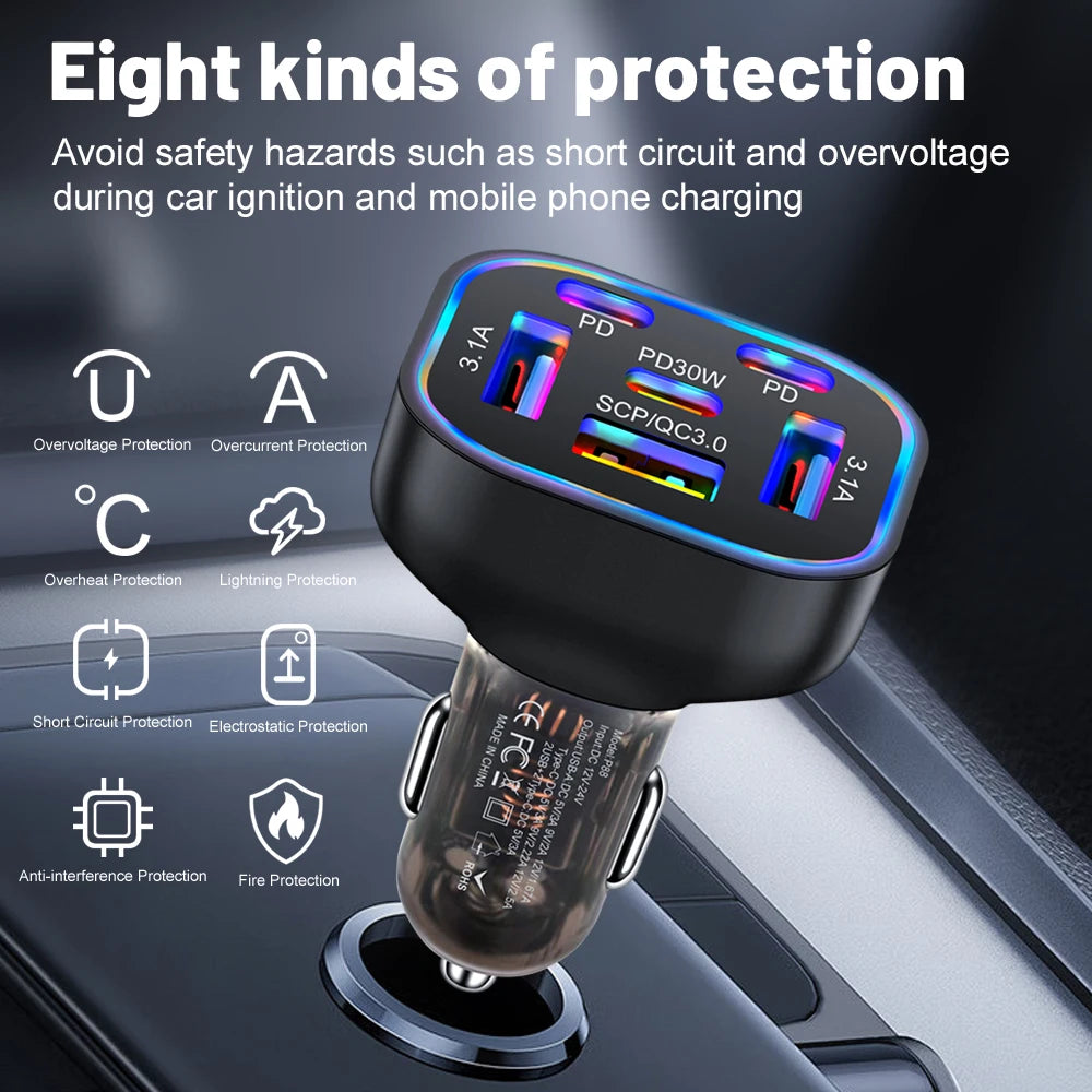 95W 6 in 1 PD Fast Charging Car Charger USB Quick Charge3.0 For iPhone 15 Samsung Xiaomi Type-C Car Phone Charger Adapter In Car