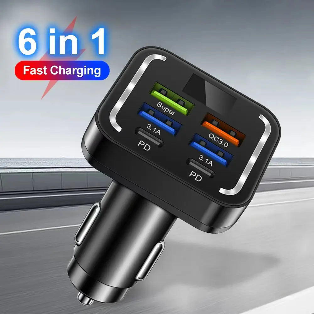 6 in 1 USB C Car Phone Charger Type C Adapter in Car For iPhone Samsung Huawei Xiaomi 6Ports Car Charger Fast Charging