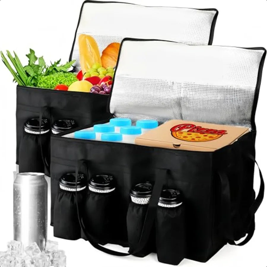 2 Pack Insulated Food Delivery Bag with 4 Cup Holder 22x13x15 Inch Warmer Carrying Case Cooler Drink Carriers with Zippered Top