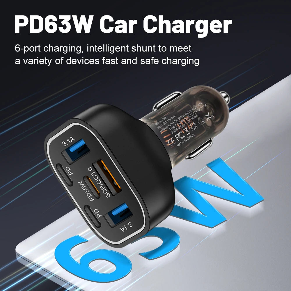 95W 6 in 1 PD Fast Charging Car Charger USB Quick Charge3.0 For iPhone 15 Samsung Xiaomi Type-C Car Phone Charger Adapter In Car
