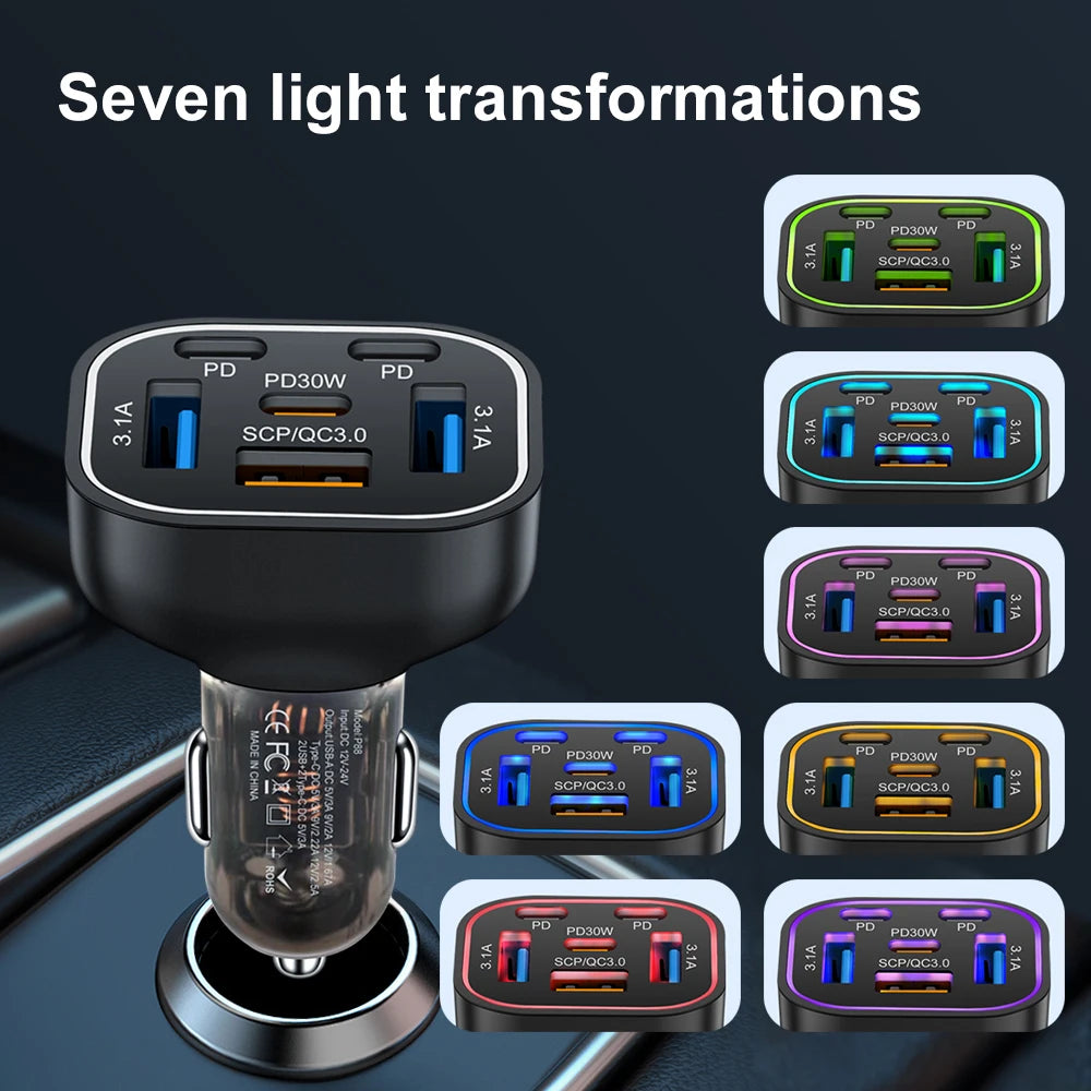 95W 6 in 1 PD Fast Charging Car Charger USB Quick Charge3.0 For iPhone 15 Samsung Xiaomi Type-C Car Phone Charger Adapter In Car